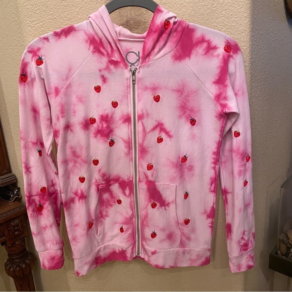 CHASER Girls Kids Pink Tie Dye Strawberry Embroidery Hoodie Jacket Size 12 Yrs